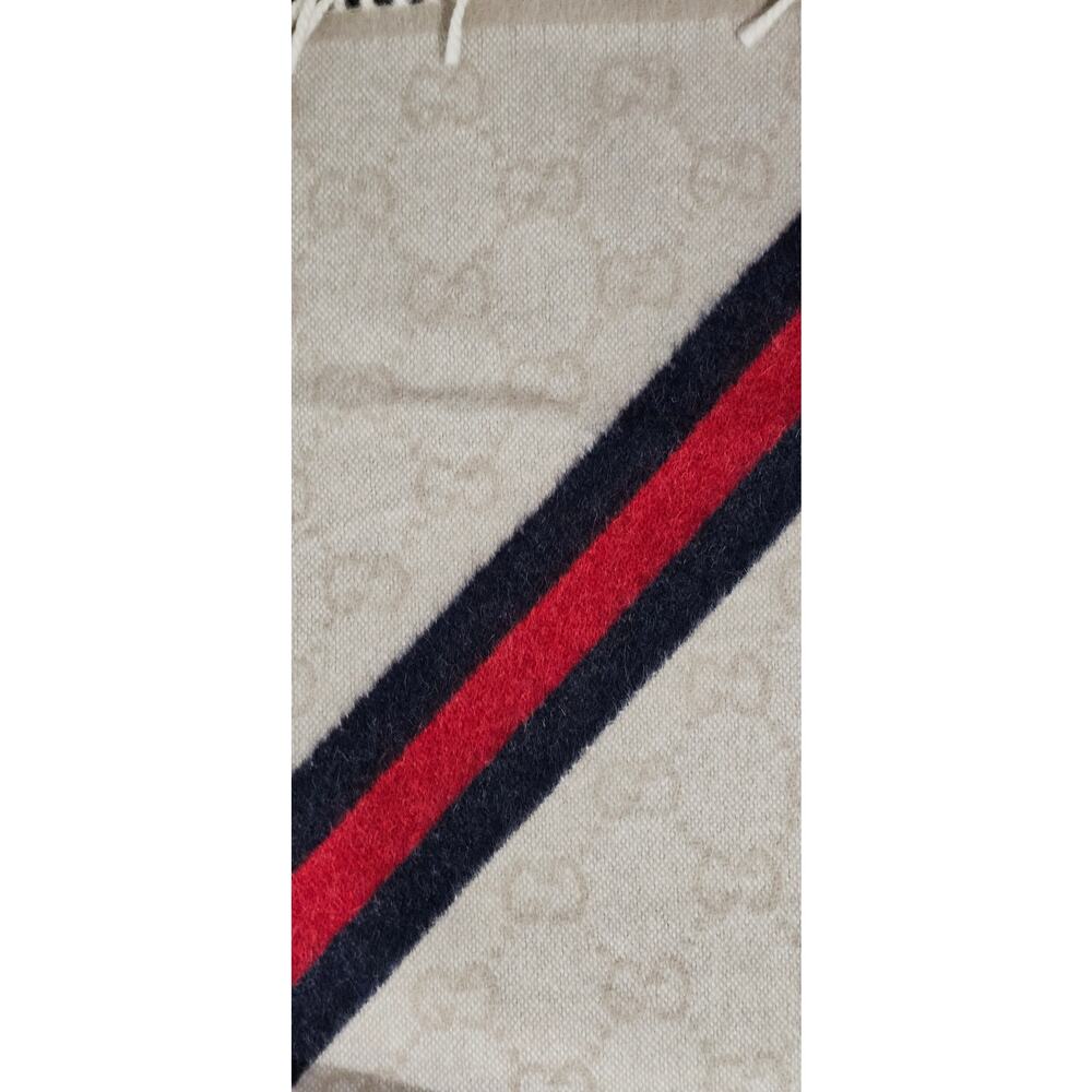 Gucci Muffler Stole Wool GG Pattern Fringe -White/Cream - Picture 7 of 7
